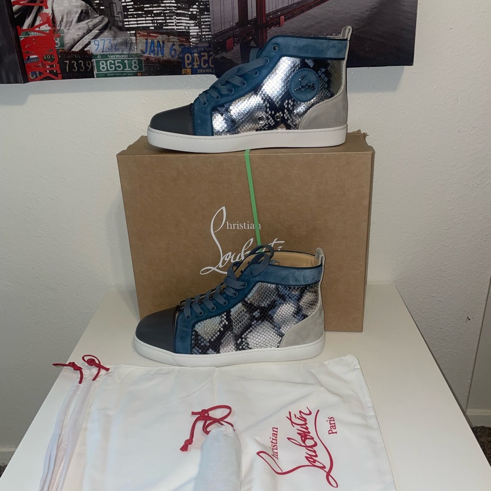 Christian Louboutin Blue and Snake Pattern Sneakers Size 43